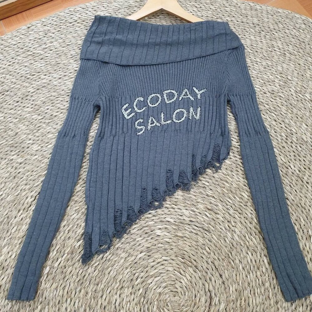 Gray Off Shoulder Ribbed Knit Sweater Top